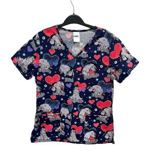 disney Eeyore Valentine scrub top Love Hearts Navy Blue Pink Womens Small Shirt